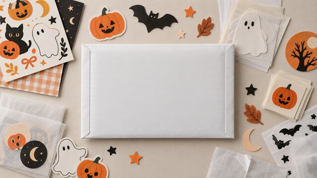 Flat mailer envelope arranged for a Halloween sticker subscription