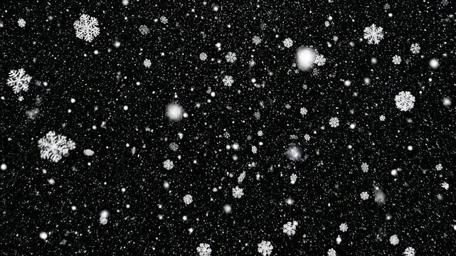 Gentle Snowflakes falling in a dark winter night with copy space for text and design elements