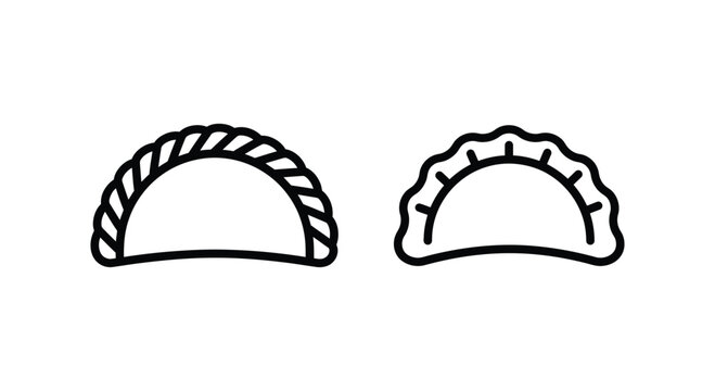 Two black and white line art depictions showcase traditional empanadas on a white background