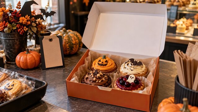 Bakery pastry box opened on a Halloween pickup counter