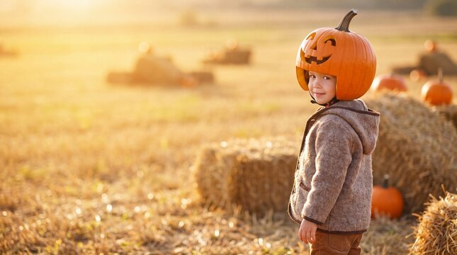 Smiling pumpkin head child in warm autumn field at sunset