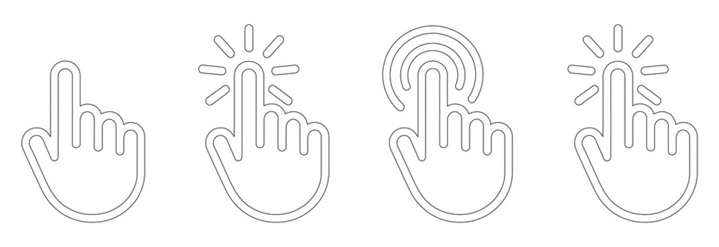 Hand cursor interaction icon set, click tap press gestures, pointer selection, navigation controls, mobile interface and website functionality symbols