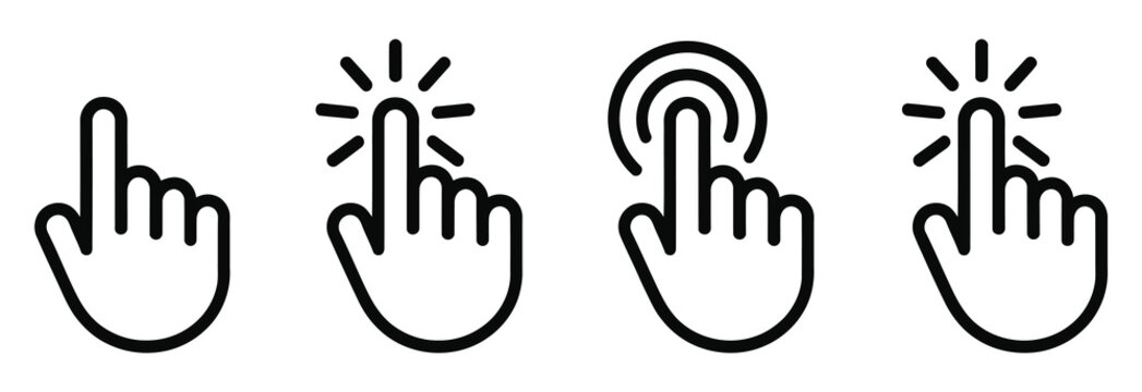 Hand cursor interaction icon set, click tap press gestures, pointer selection, navigation controls, mobile interface and website functionality symbols