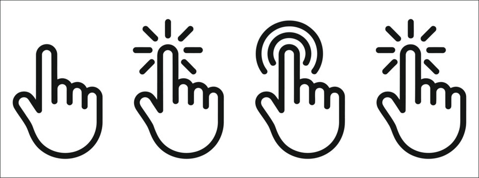 Hand cursor interaction icon set, click tap press gestures, pointer selection, navigation controls, mobile interface and website functionality symbols