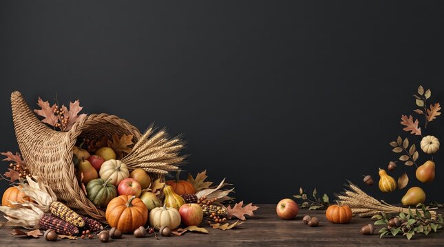 Thanksgiving cornucopia with autumn harvest vegetables and fruits on dark background