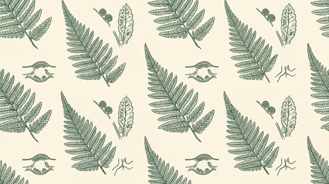 Botanical seamless pattern with fern leaves and scientific plant diagrams on cream paper