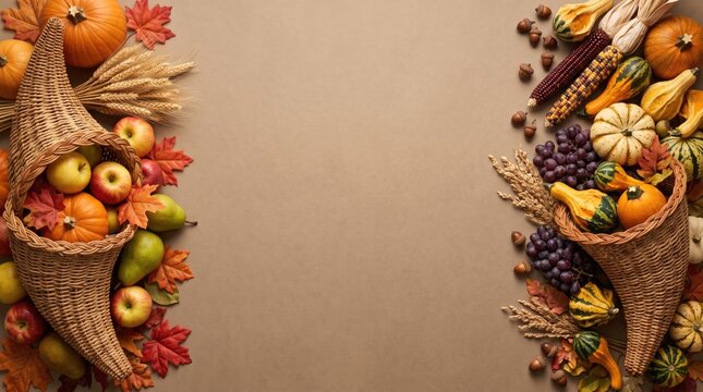 Thanksgiving cornucopia with autumn harvest fruits and vegetables on rustic background