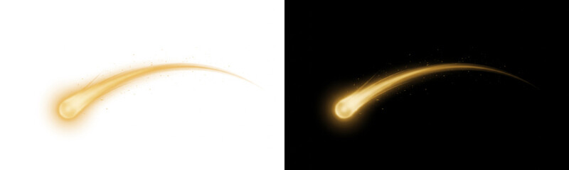 Golden shooting star with glowing tail, isolated on transparent background © Shopna