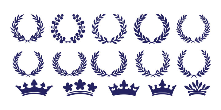 Set of dark blue laurel wreaths and royal crowns for heraldic design and vintage emblems