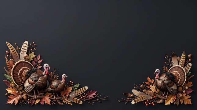 Thanksgiving background with turkeys and autumn leaves on a dark grey copy space surface
