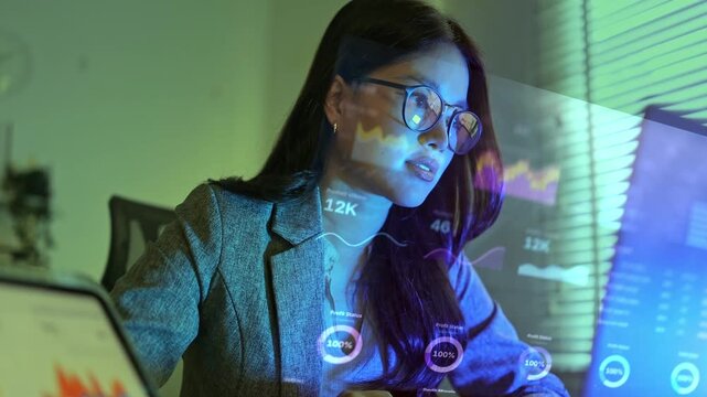 A focused Asian businesswoman wearing glasses working late at night in an office, analyzing financial data and charts on glowing digital futuristic screens and graphs.