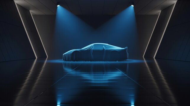 Futuristic Sports Car Unveiling Event Concept: Futuristic Showroom, Dramatic Blue Spotlights, Sleek Design
