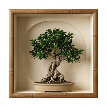 Small green bonsai tree in a square wooden frame isolated on a white background isolated on white background