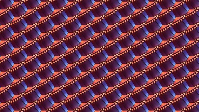 Seamless geometric pattern of purple cubes with film strip textures