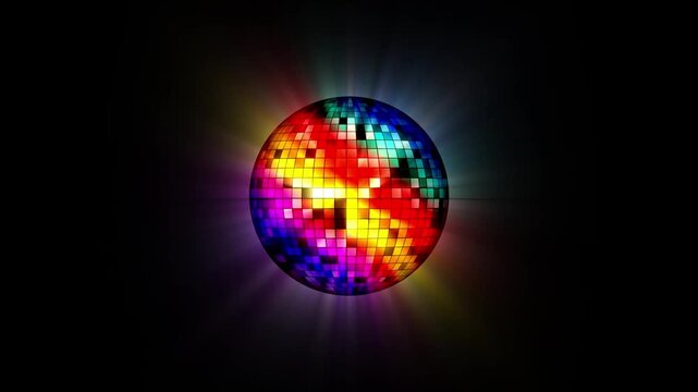 Neon Disco ball seamless VJ loop animation for music broadcast, night clubs, music videos, LED screens and projectors, spinning disco ball with vibrant colorful reflections and dynamic light rays .