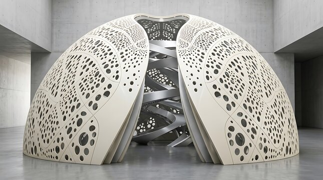 Complex hemispherical dome structure featuring perforated white panels and metallic spiral core for architectural design or engineering study.
