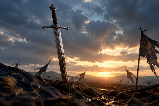 Medieval longsword plunged into the ground on an empty battlefield.