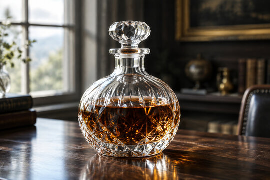 A classical cut-glass decanter resting on a dark wood surface, softly lit by window light.