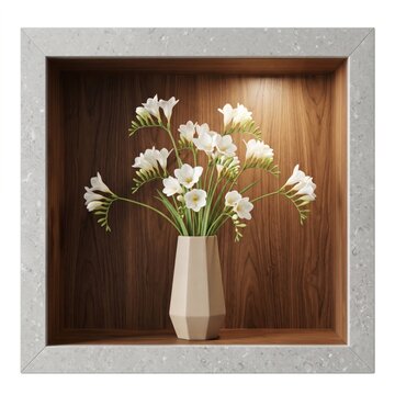 Beautiful white freesia flowers in a modern vase inside a wooden shadow box frame on white background isolated on white background