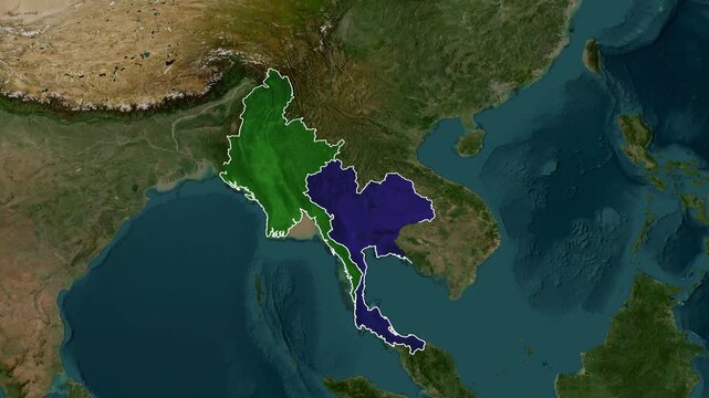 Myanmar and Thailand animated map borders showing geographic location motion footage