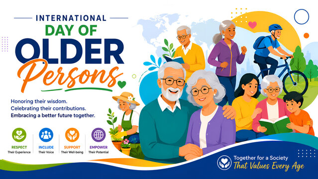International day of older persons promotional graphic with senior activities