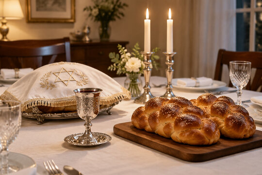 A Shabbat table set with a white linen cloth, silver cup, and braided challah bread, warm ambient light.