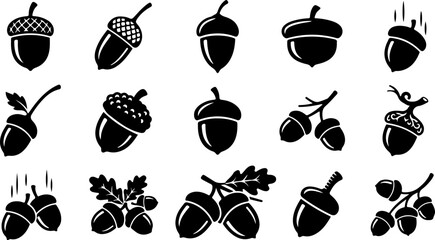 Thanksgiving day silhouette icon collection isolated on white background featuring various acorn shapes for autumn seasonal design projects and graphics © PriyankaRani
