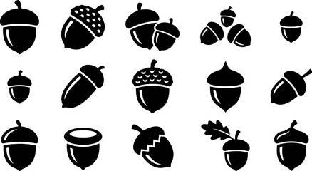 Thanksgiving day silhouette icon collection isolated on white background featuring various acorn shapes for autumn seasonal graphic design projects © PriyankaRani