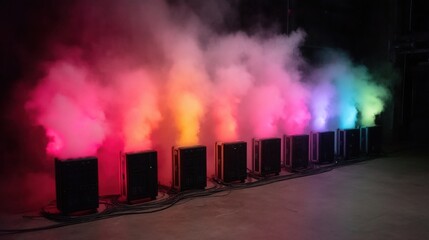 Obraz premium Colorful smoke emits from a row of black machines, creating a vibrant rainbow gradient effect in a dark indoor setting.