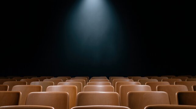 Empty wooden theater seats illuminated by a single spotlight against a dark background.