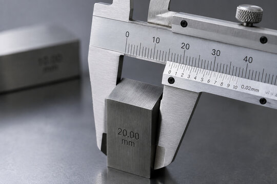 Close-up of a vernier caliper measuring a steel gauge block.