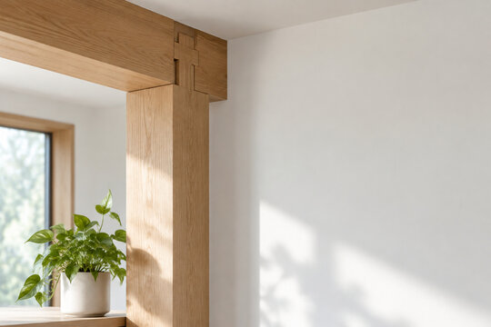 Light oak column with wooden joint and green plant, interior architecture concept