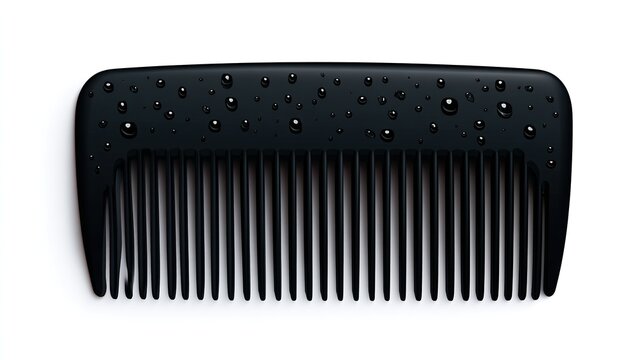 A black plastic comb with water droplets on its surface, isolated on a white background.