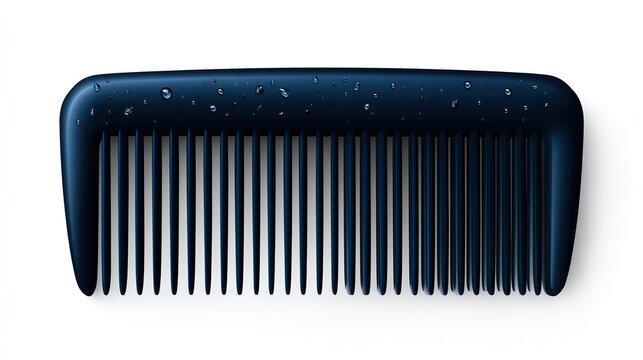 A black plastic comb with water droplets on its surface, isolated on a white background.