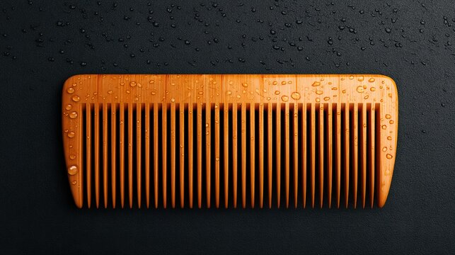 A wooden comb covered with water droplets on a black textured surface, highlighting its smooth finish and fine teeth.