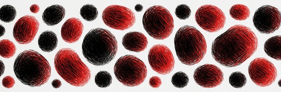 Abstract pattern with red and black ink scribbles filling rounded shapes. Various sizes and textures create a dynamic, modern backdrop on white. Fun, artistic, and versatile for graphic design needs.
