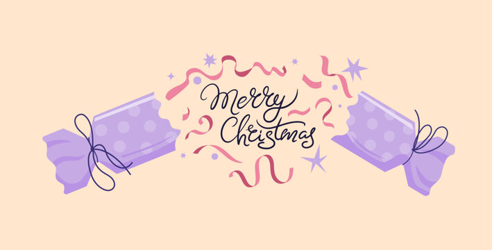 Elegant Merry Christmas lettering on a Party Cracker with festive stars and sparks and serpentine. Trendy Christmas Illustration good for greeting cards, invitation and banners design.