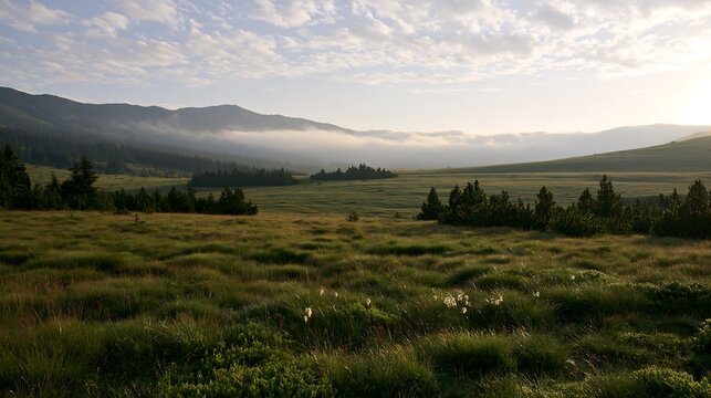 Dewy meadow landscape with misty mountains in the background