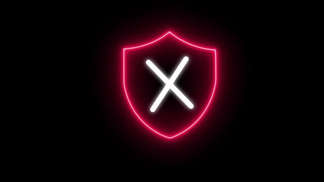 Neon shield with white cross icon on black background
