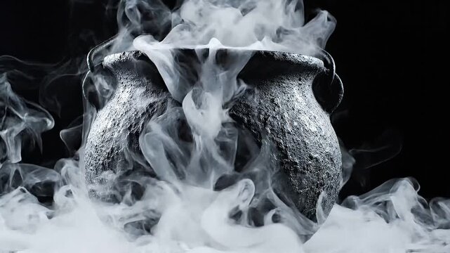 A black cast iron cauldron filled with thick, swirling white smoke against a dark background, evoking a magical or mysterious atmosphere