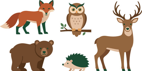Obraz premium Cute Woodland Animals Vector Collection Featuring Fox, Owl, Deer, Bear, and Hedgehog Illustrations for Children Storybooks, Nursery Decor, and Creative Graphic Designs