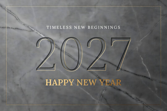 2027 happy new year greeting card featuring dark grey marble stone texture with engraved typography and thin gold border lines