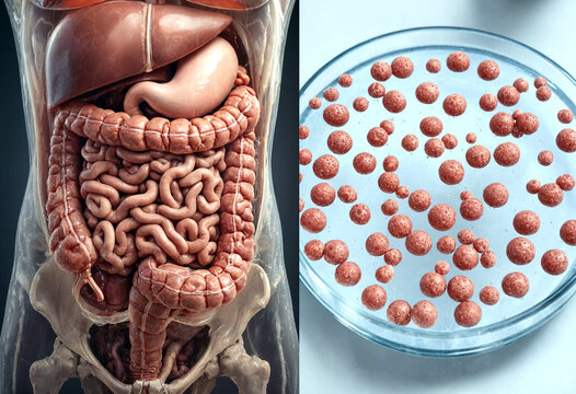 Human digestive system model with microscopic round parasitic worm eggs in petri dish