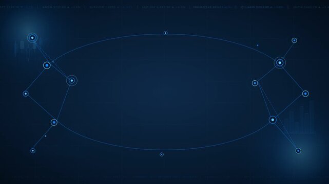 Digital HUD interface showing stock market data visualization with abstract networking nodes and financial ticker display on dark blue background