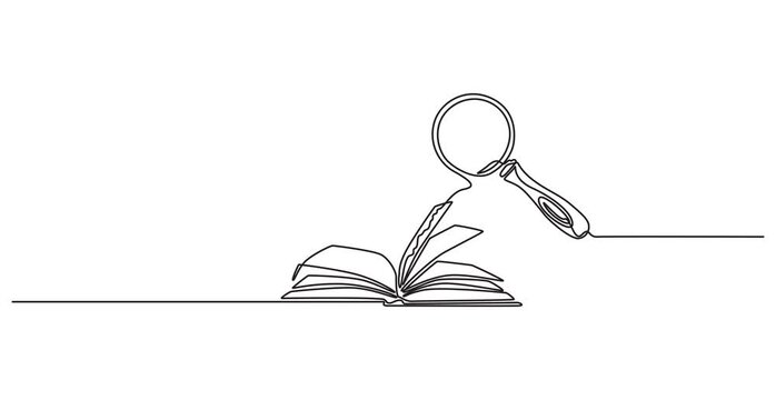 Open Book And Magnifying Glass Self Drawing Animation Study, Animation of single continuous line drawing magnifying glass over an open book, Scientific research in language. National Grammar Day. 4k