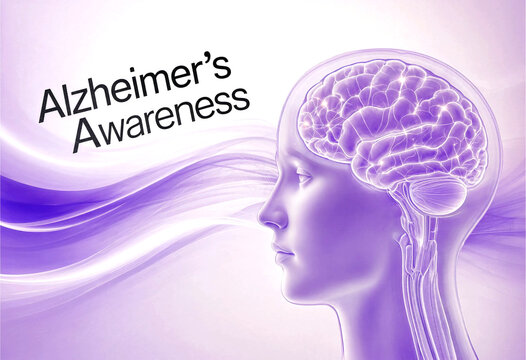 Illustration of human head profile with brain highlighting Alzheimers awareness and cognitive health