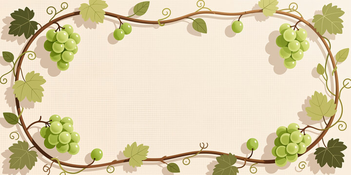 Vine illustration creates oval border with light green to dark foliage and multiple clusters of lush grapes around pale beige subtle pattern background.