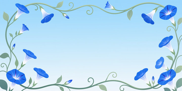 Vines and morning glories frame a light blue to white gradient background, showcasing blue flowers, green vines, and light and curvy lines throughout the image.