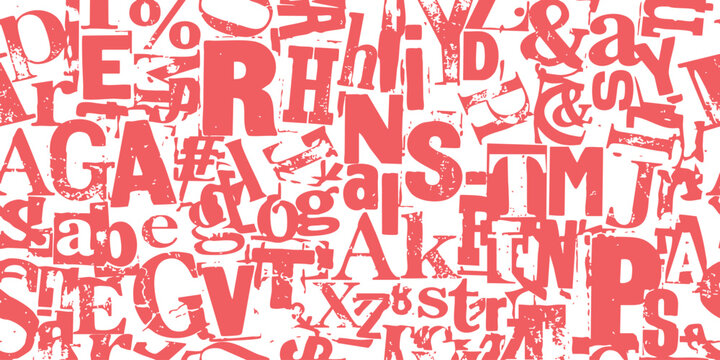 Abstract background pattern with many red letters and alphabet characters scattered in a creative collage style