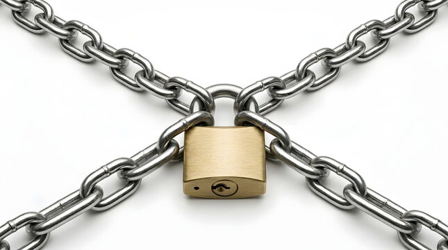 Padlock and chains locked together, isolated on white background